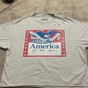 American Highway size large gray cropped tee with patriotic design.